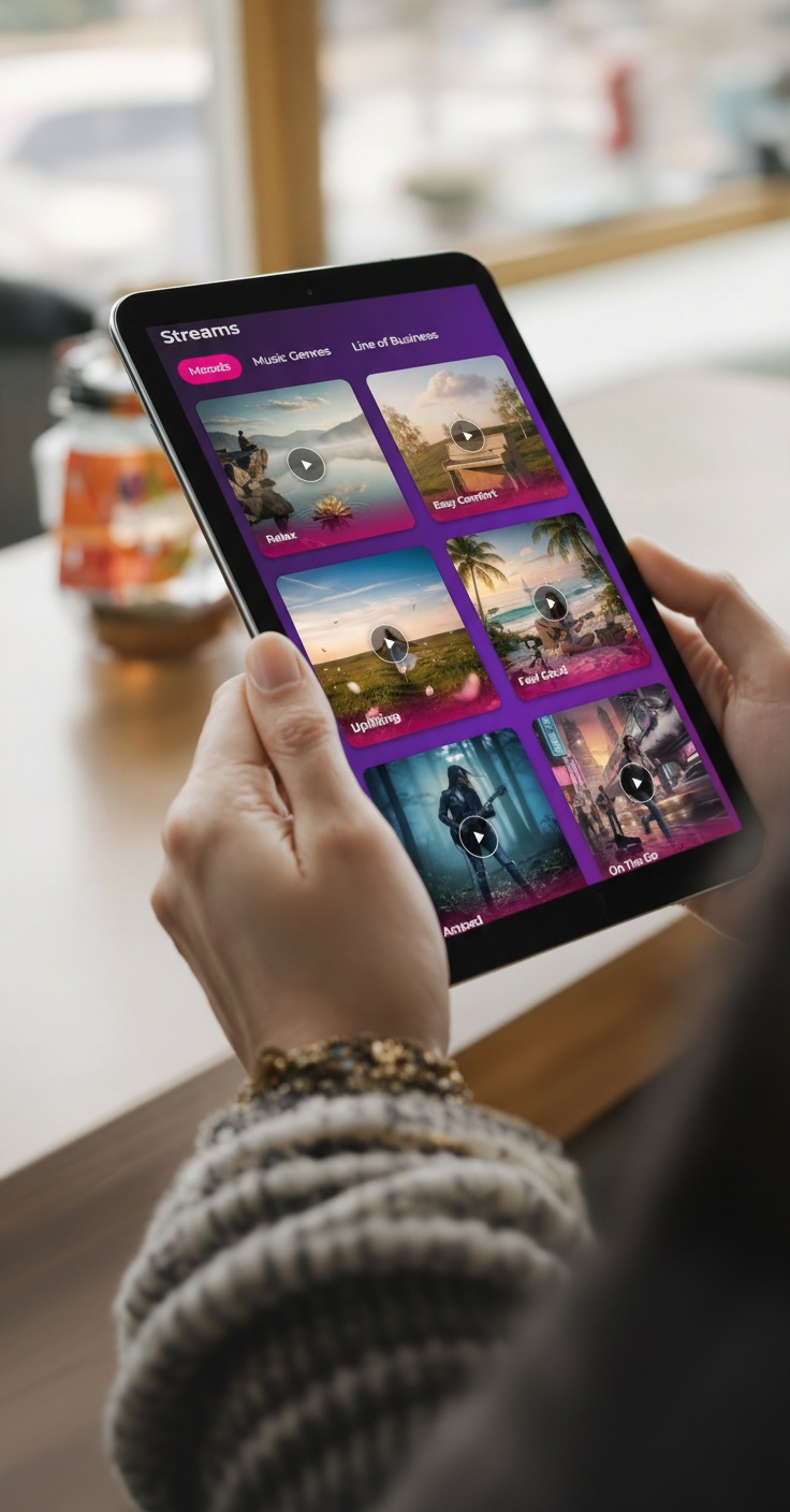 Henkilö käyttää Toneco Entertaineria tabletilla kahvilassa